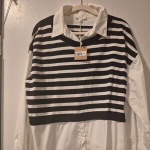 Blu Pepper Striped Layered Button-Down Shirt – Black/White – NWT